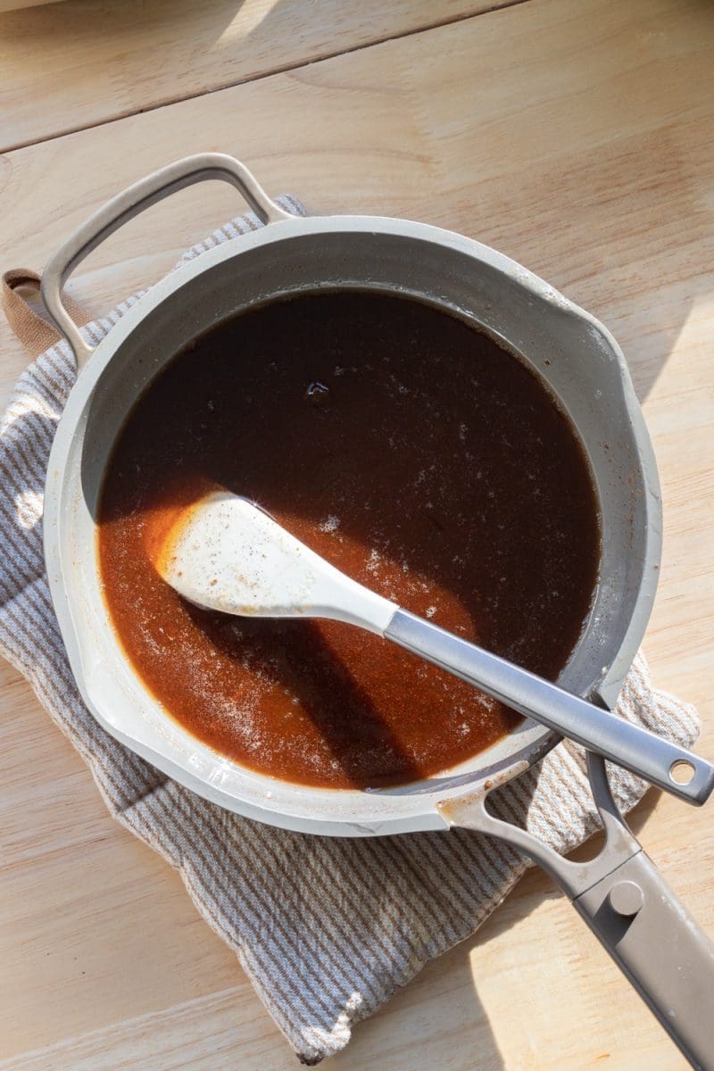 Maple caramel sauce in a saucepan.