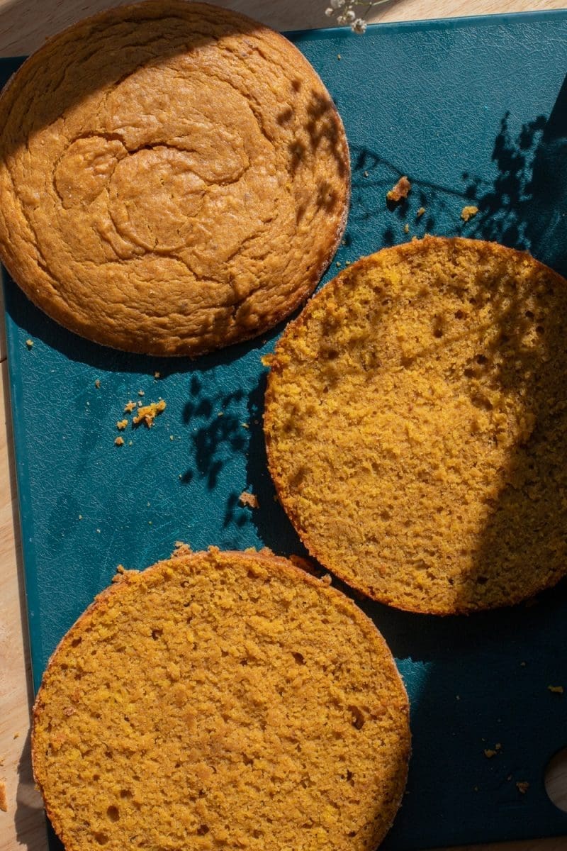 The pumpkin cake sliced into 3 layers.