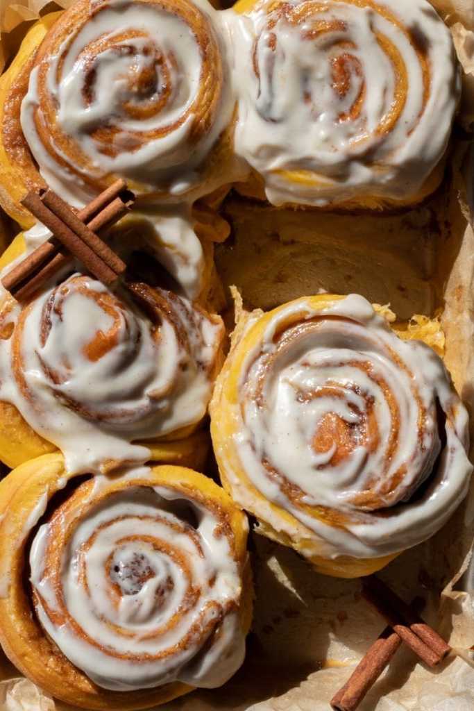 Close up of the small batch pumpkin cinnamon rolls.