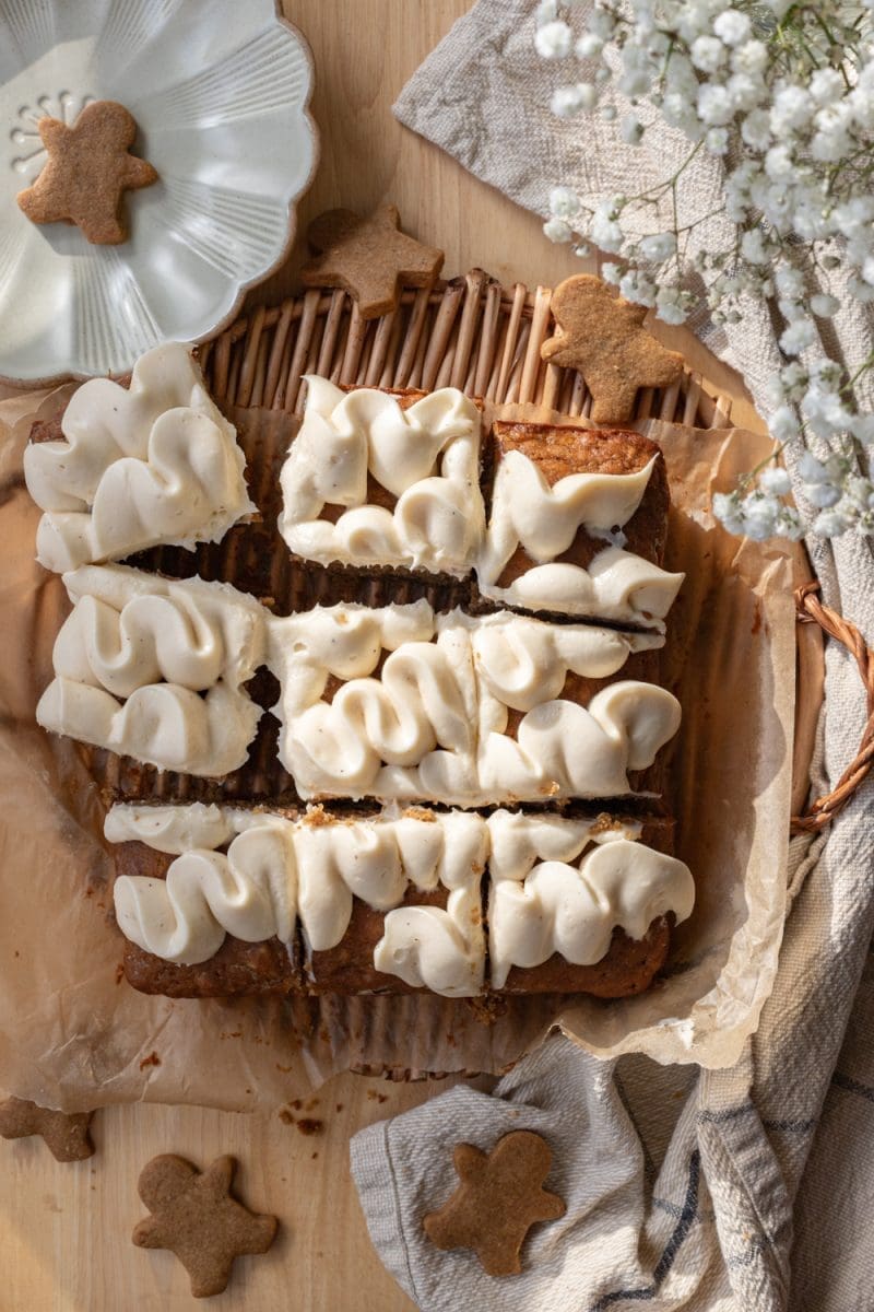The gingerbread banana sheet cake on a tray.