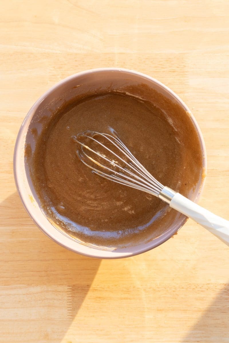 The brown butter, sugars, egg and vanilla whisked together.