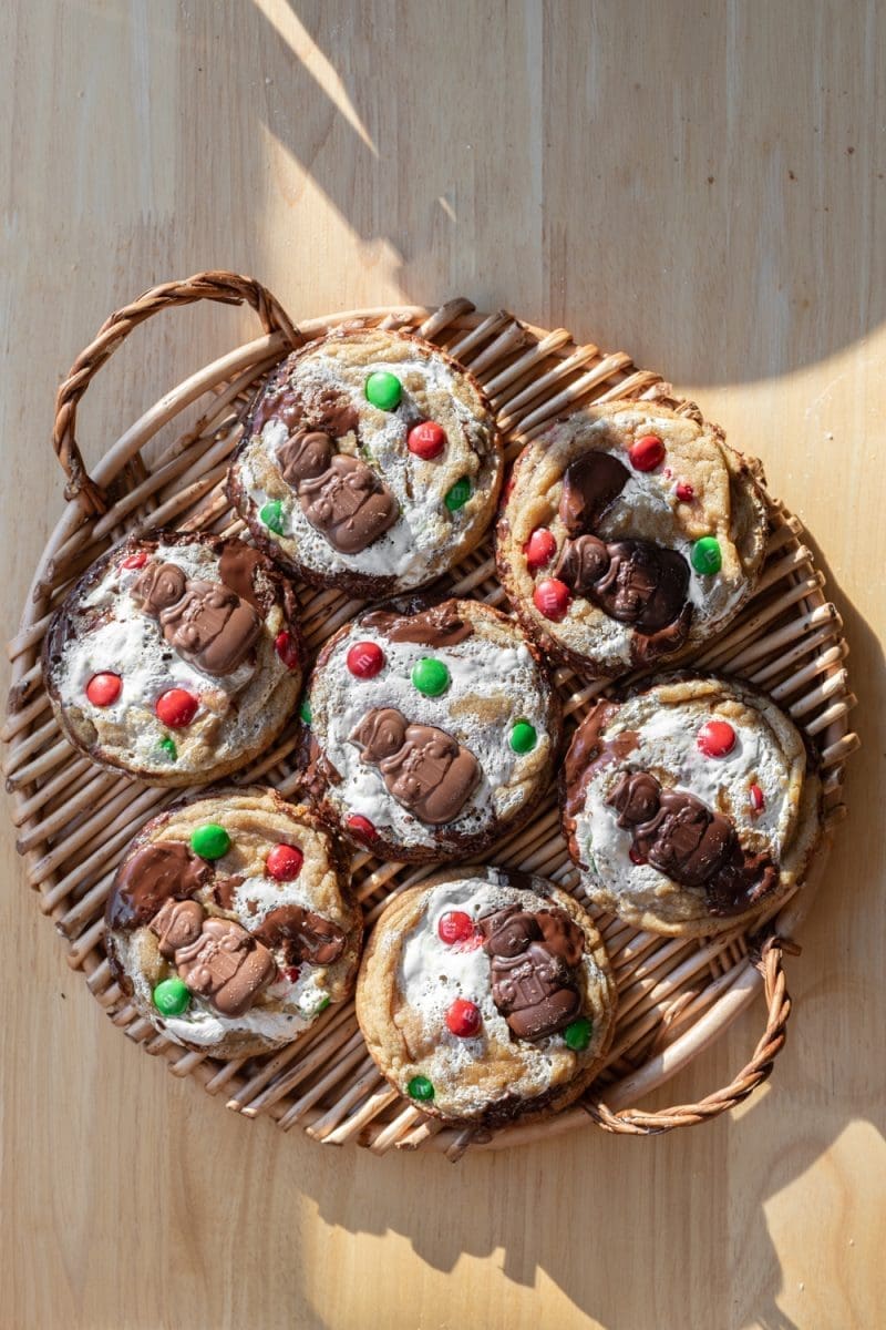 The christmas chocolate chip cookies on a serving tray.