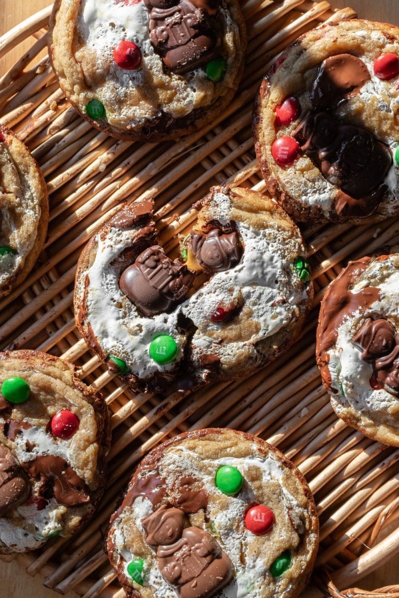 Close up of a christmas chocolate chip cookie that has been broken in half.