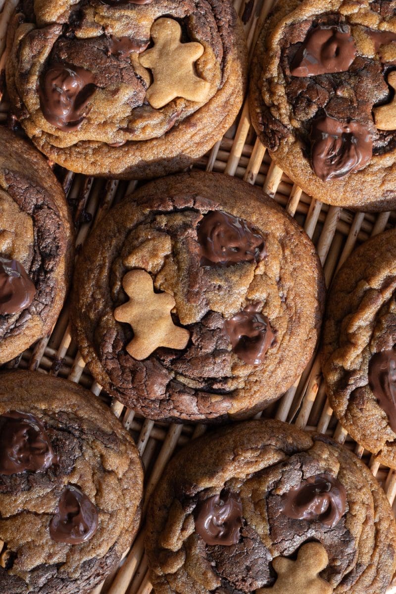 Close up of the brownie gingerbread chocolate chip cookies.