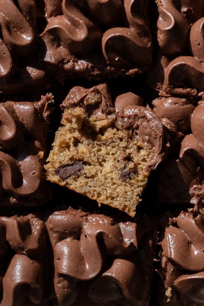 Close up cross section of the mocha banana cake.