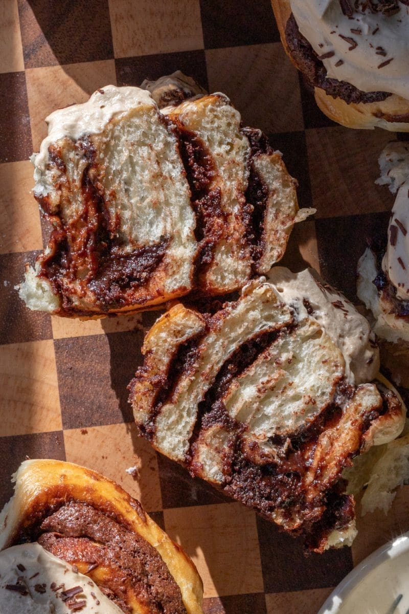 Cross-section of the brioche brownie rolls.