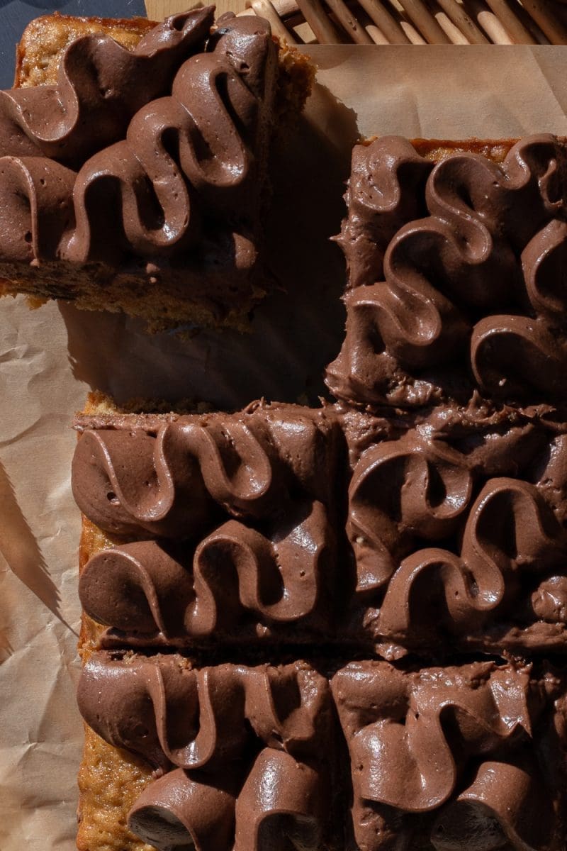 Close up of the sliced mocha banana cake.