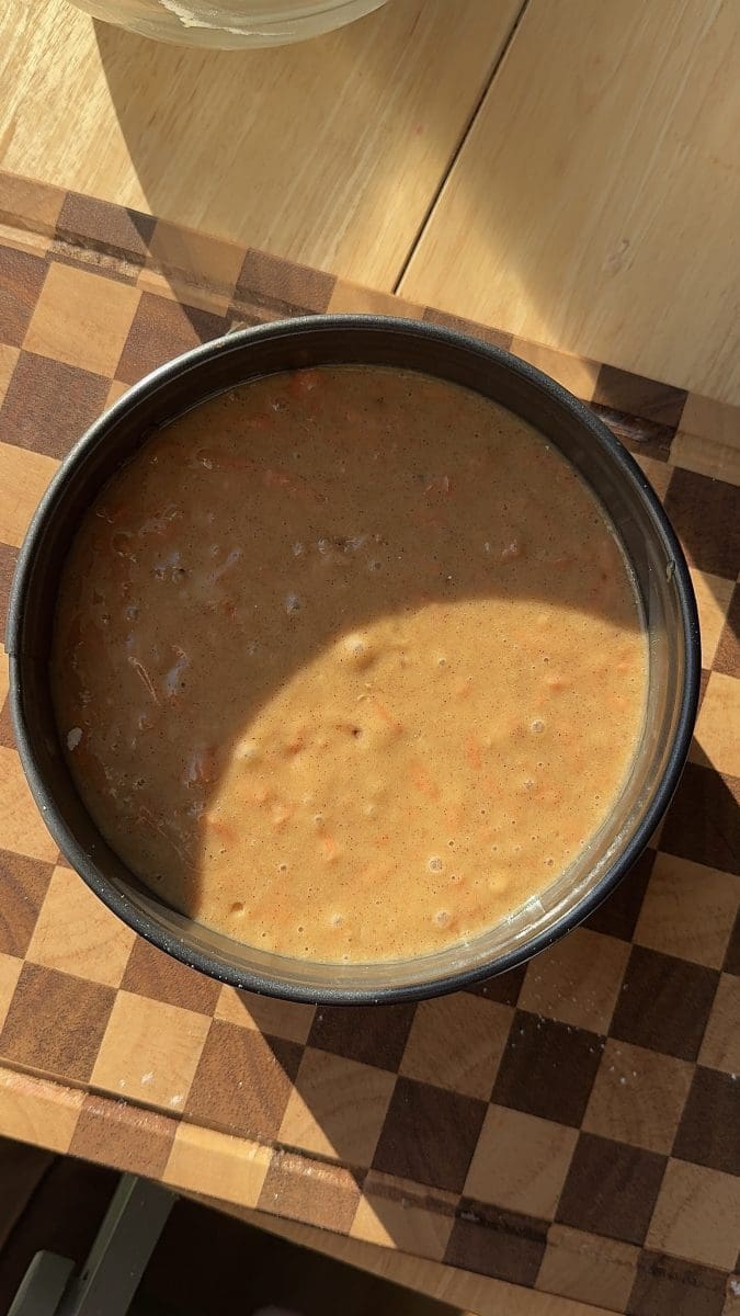 The cake batter in a springform pan.