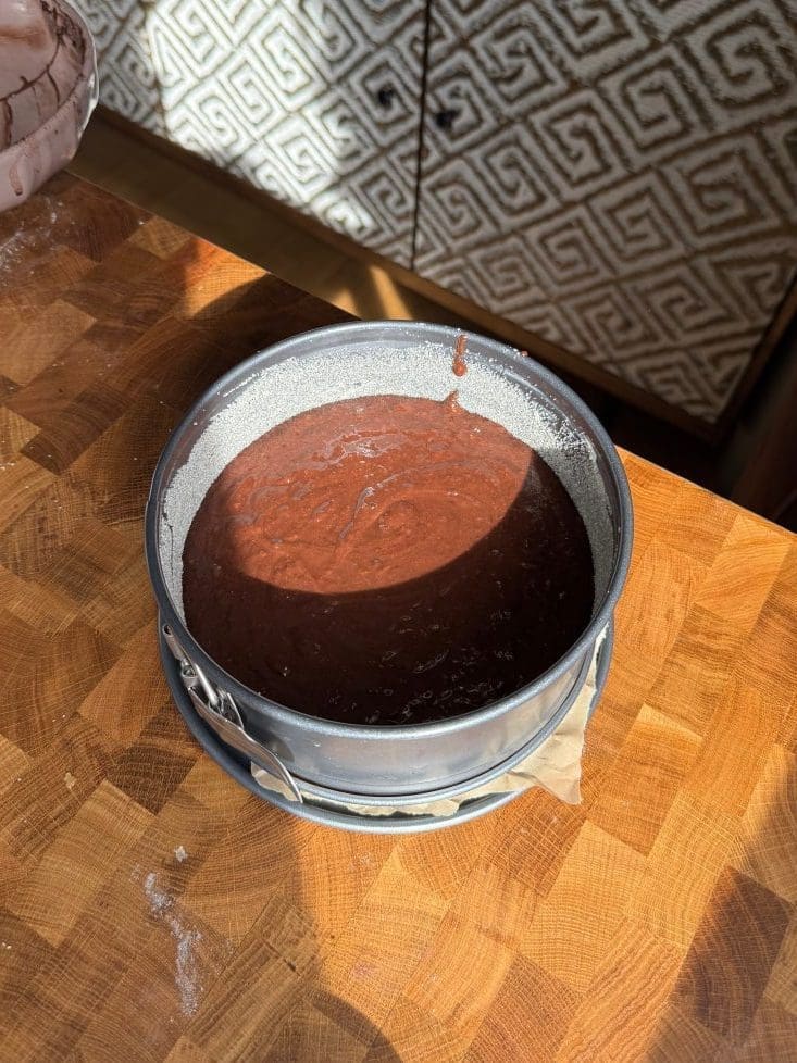 The cake batter in a springform pan.