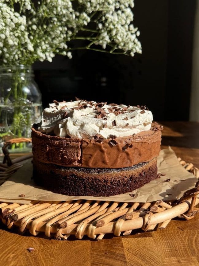 French silk chocolate cake fully assembled.