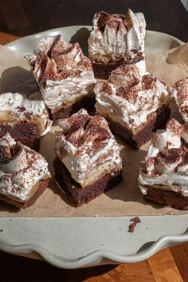 Angled view looking down at the small batch tiramisu brownies.