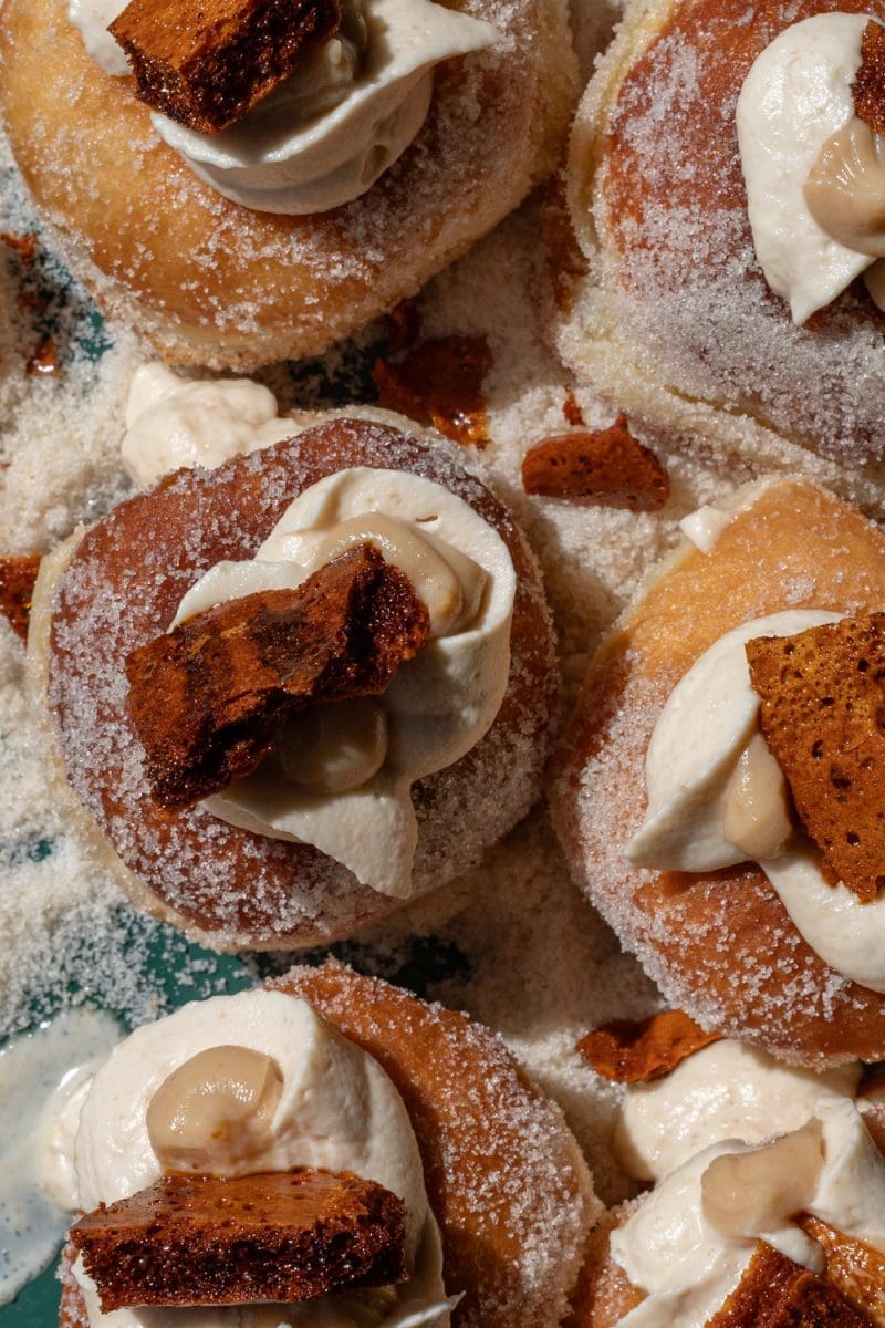 Close up of the burnt honey brioche donuts