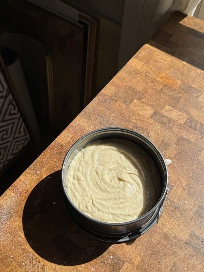 The cake batter in a springform pan.