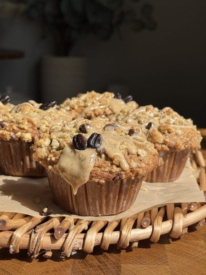 The finished glazed small batch mocha muffins.