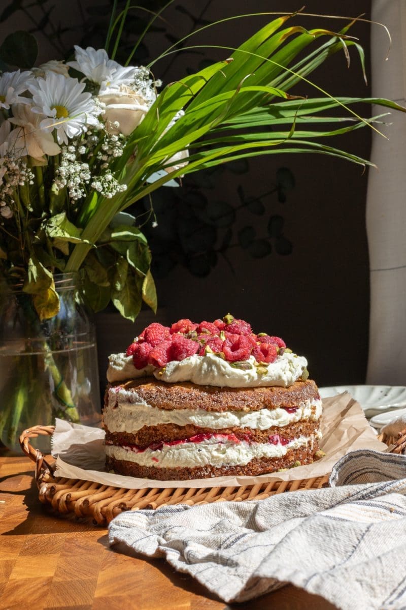 The pistachio raspberry cake fully assembled.