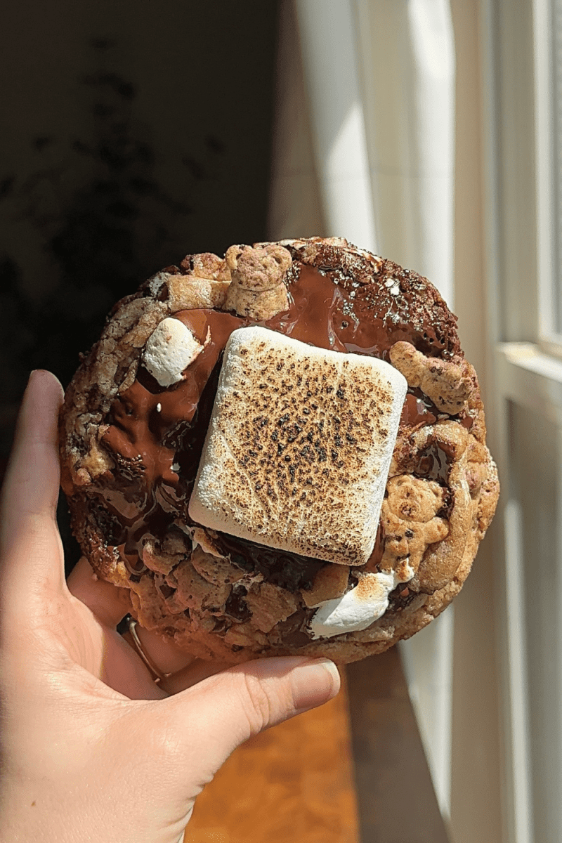 Holding up the single serve s'mores cookie