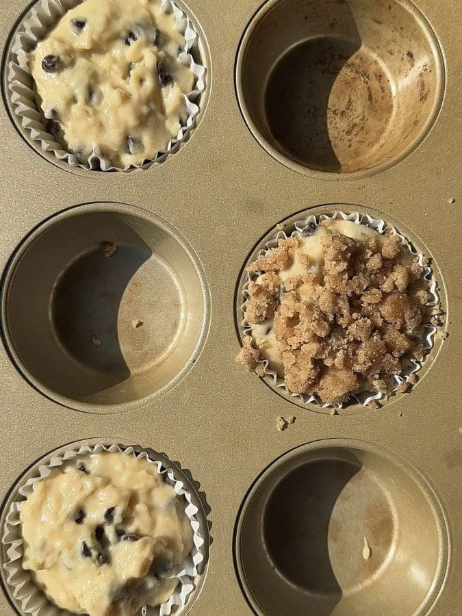 The muffin batter distributed between parchment liners.
