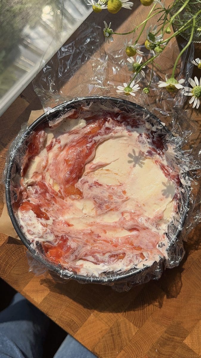 The jam and ice cream swirled together.