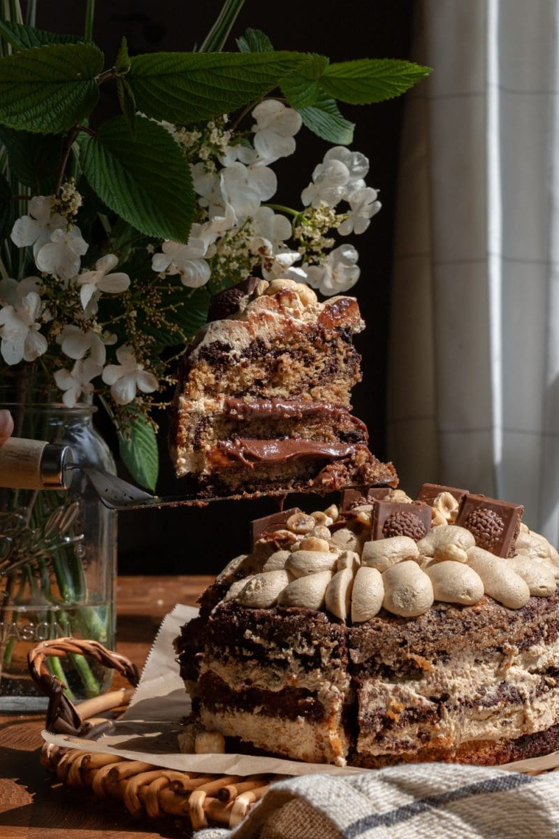 Holding up a slice of the marbled chocolate hazelnut espresso cake