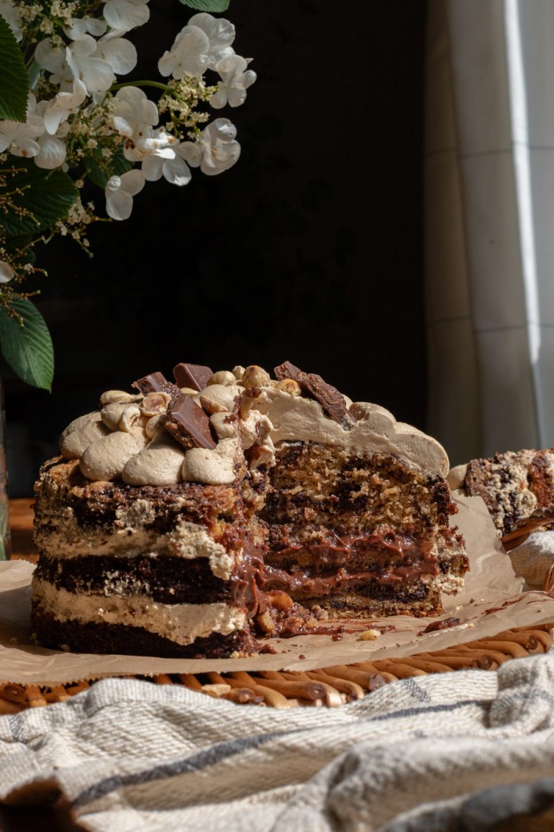 Cross-section of the marbled chocolate hazelnut espresso cake