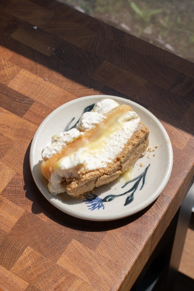 Close up of the lemon tiramisu no bake cheesecake