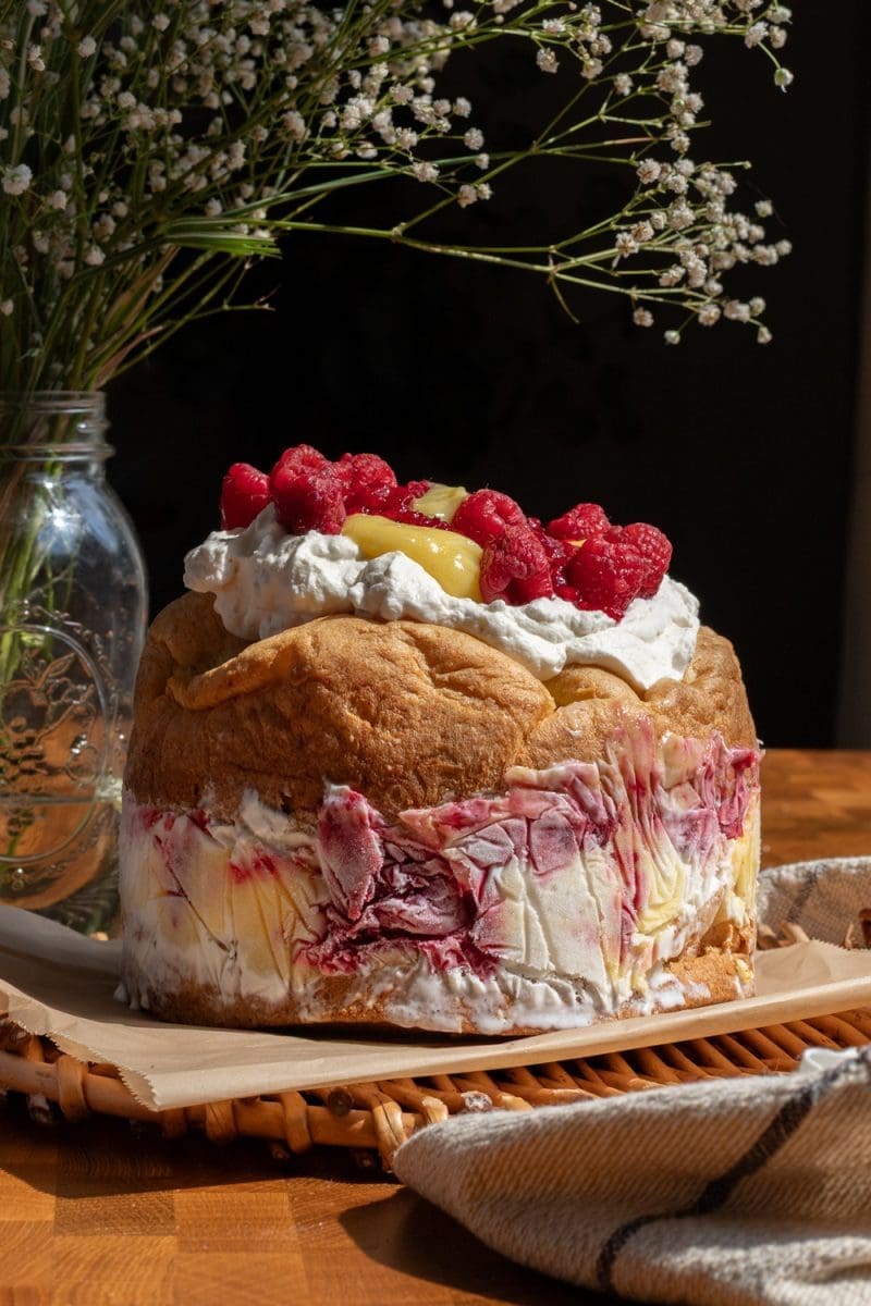The whole assembled lemon raspberry cream puff ice cream cake.