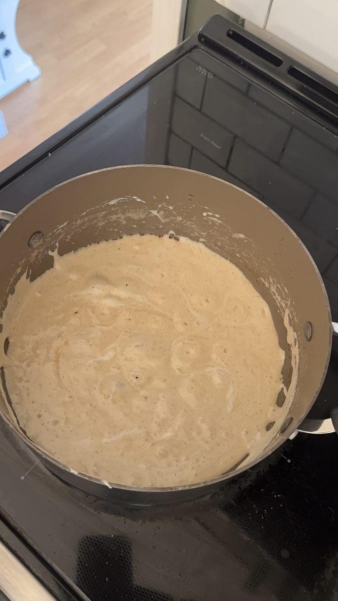 The melted marshmallow mixture on the stovetop.