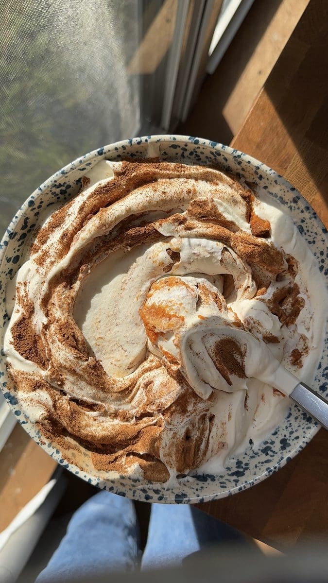 Folding the pumpkin into part of the ice cream.