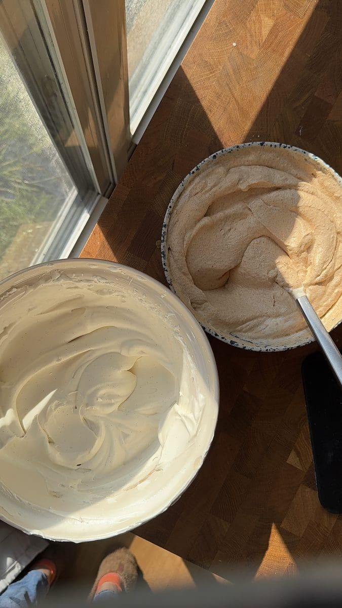 The vanilla and pumpkin ice creams next to each other.