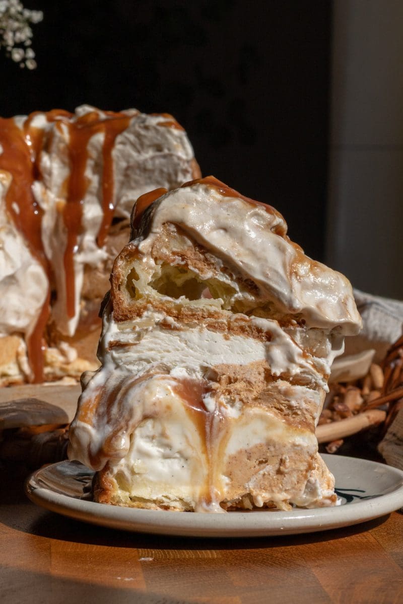Close up of a slice of the pumpkin caramel ice cream cake