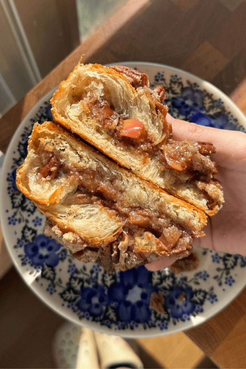 Cross-section of the pecan apple pie croissants.