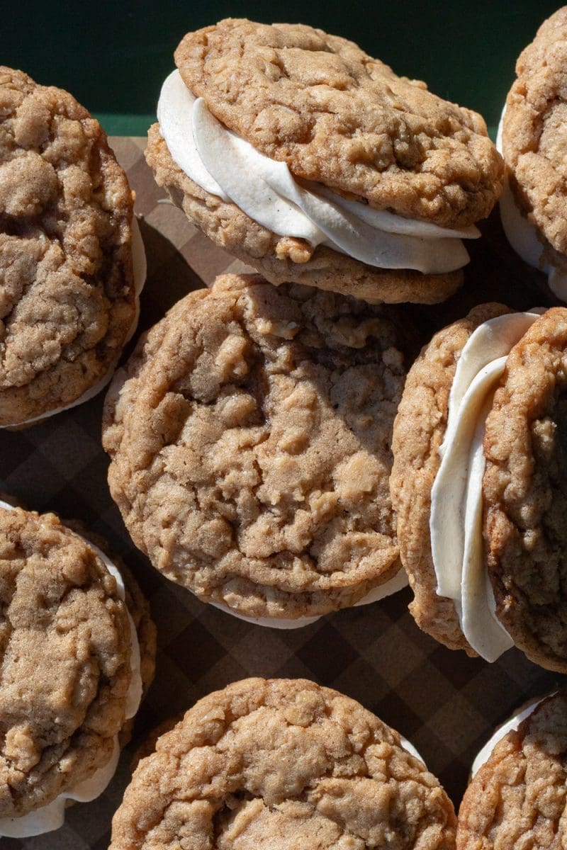Close up of the coconut gingerbread oatmeal cream pies.
