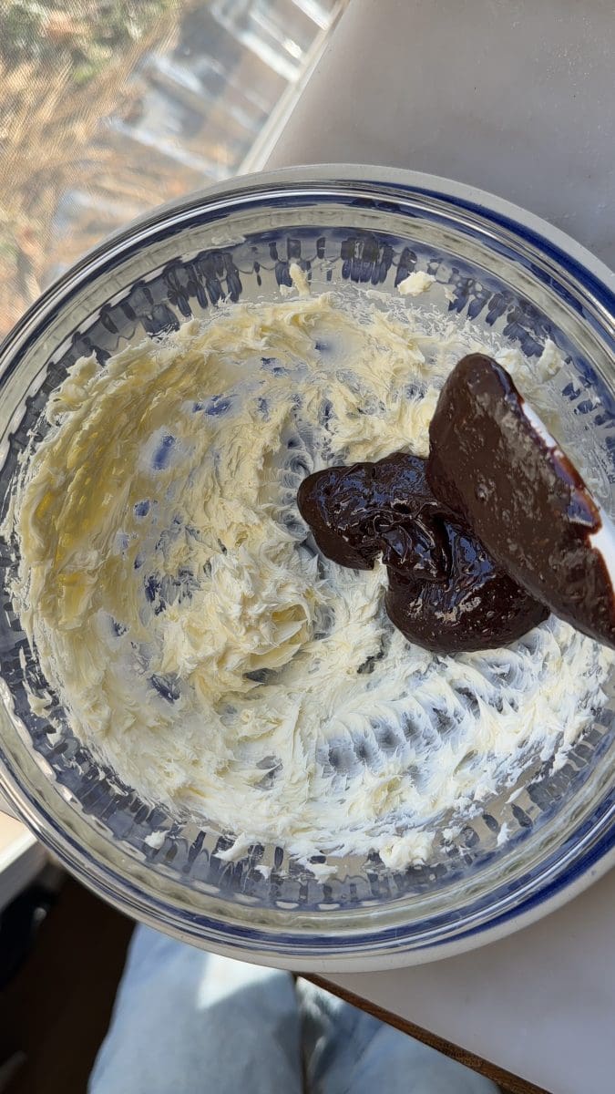 Pouring custard into butter.