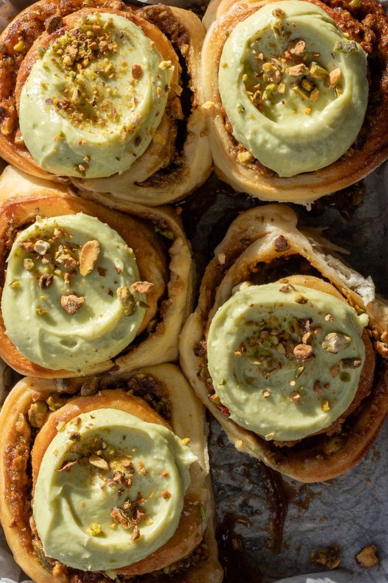 Close up of the small batch pistachio cinnamon rolls.