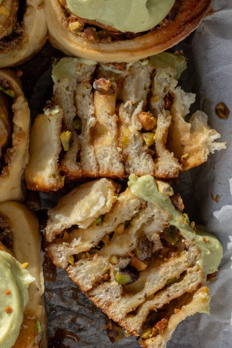 Close-up cross-section of the small batch cinnamon rolls.