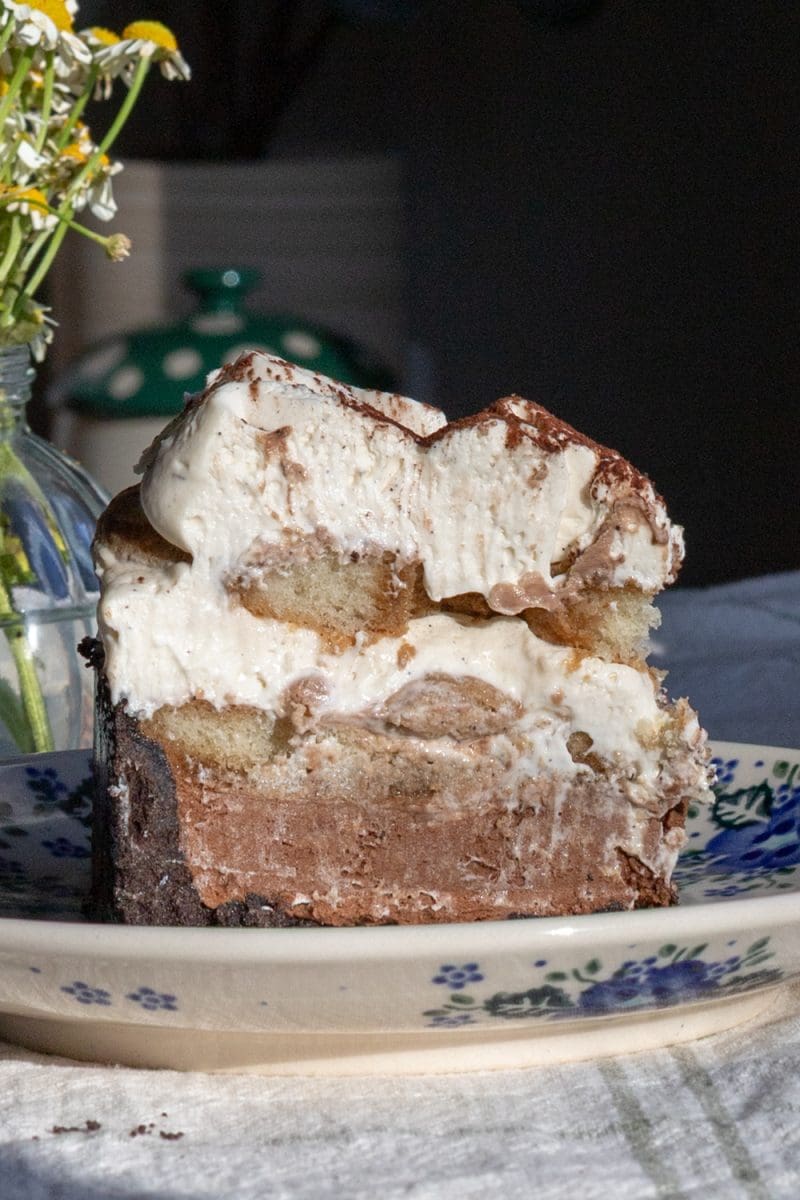 Close up of a slice of the french silk tiramisu.