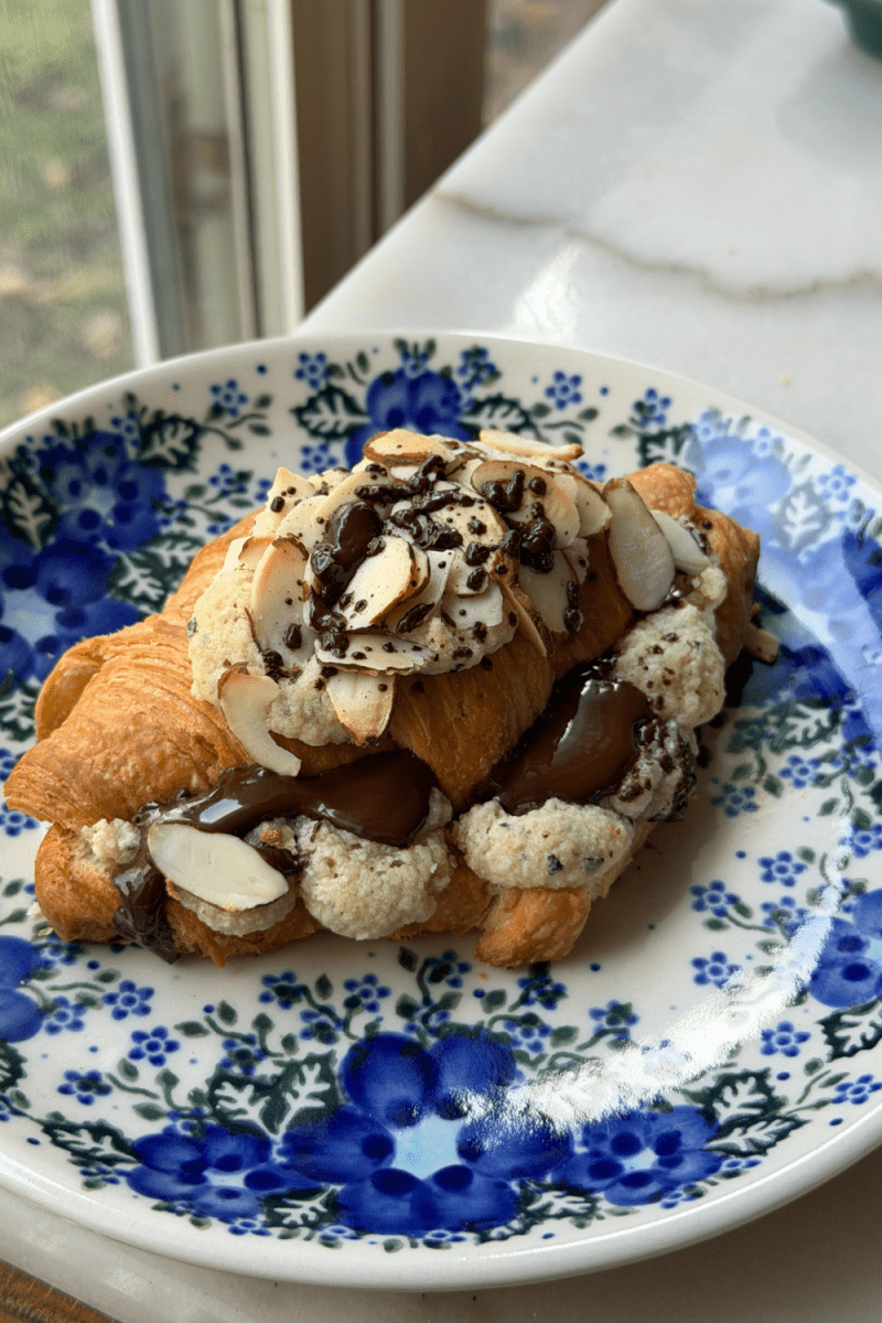 Close up side view of the earl grey chocolate almond croissants.